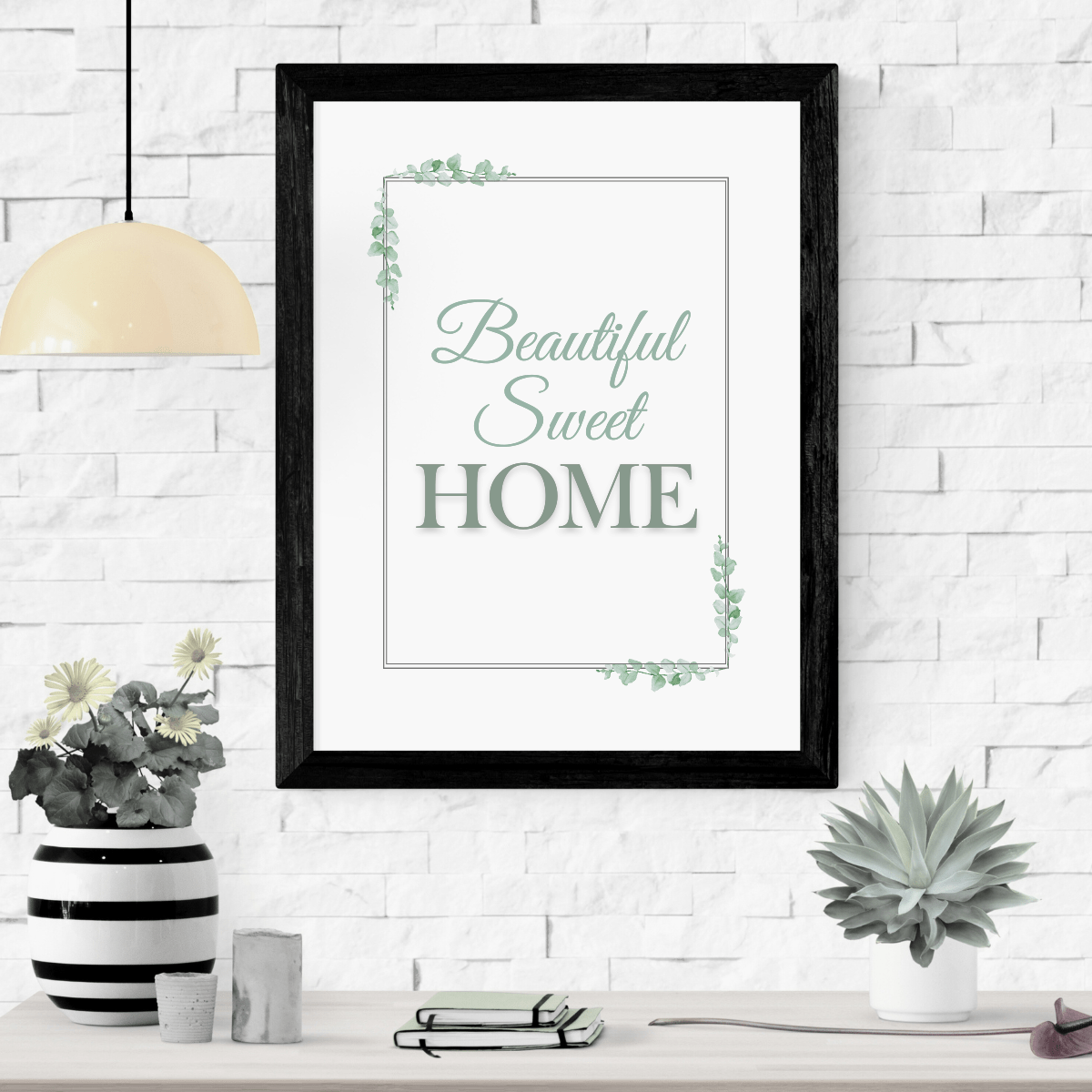 Beautiful Sweet Home Wall Art with Soft Green Fonts Clean Lining Frame and Leaf Accents