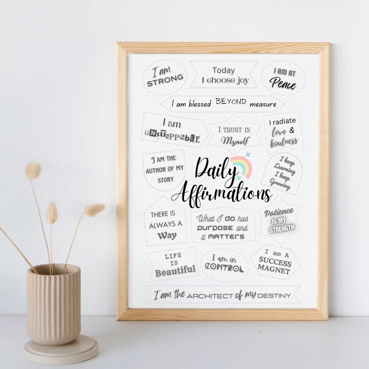 Daily Affirmations Wall Art Print - Set of 16 Inspirational Quotes for Positive Living