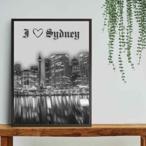 Mockup4-ILoveSydney4 Skyline of Sydney Australia Black and White Wall Art